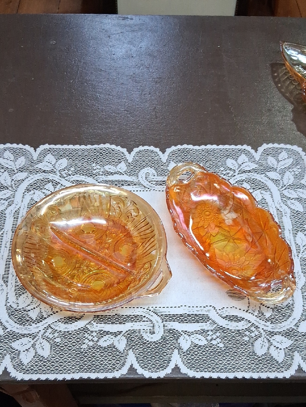 Vintage amber iridescent marigold carnival Indiana glass candy/relish trays (2)